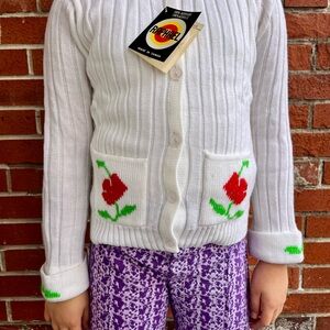 Deadstock Kids Knit Ribbed Cardigan Sweater White with Pockets and Florals